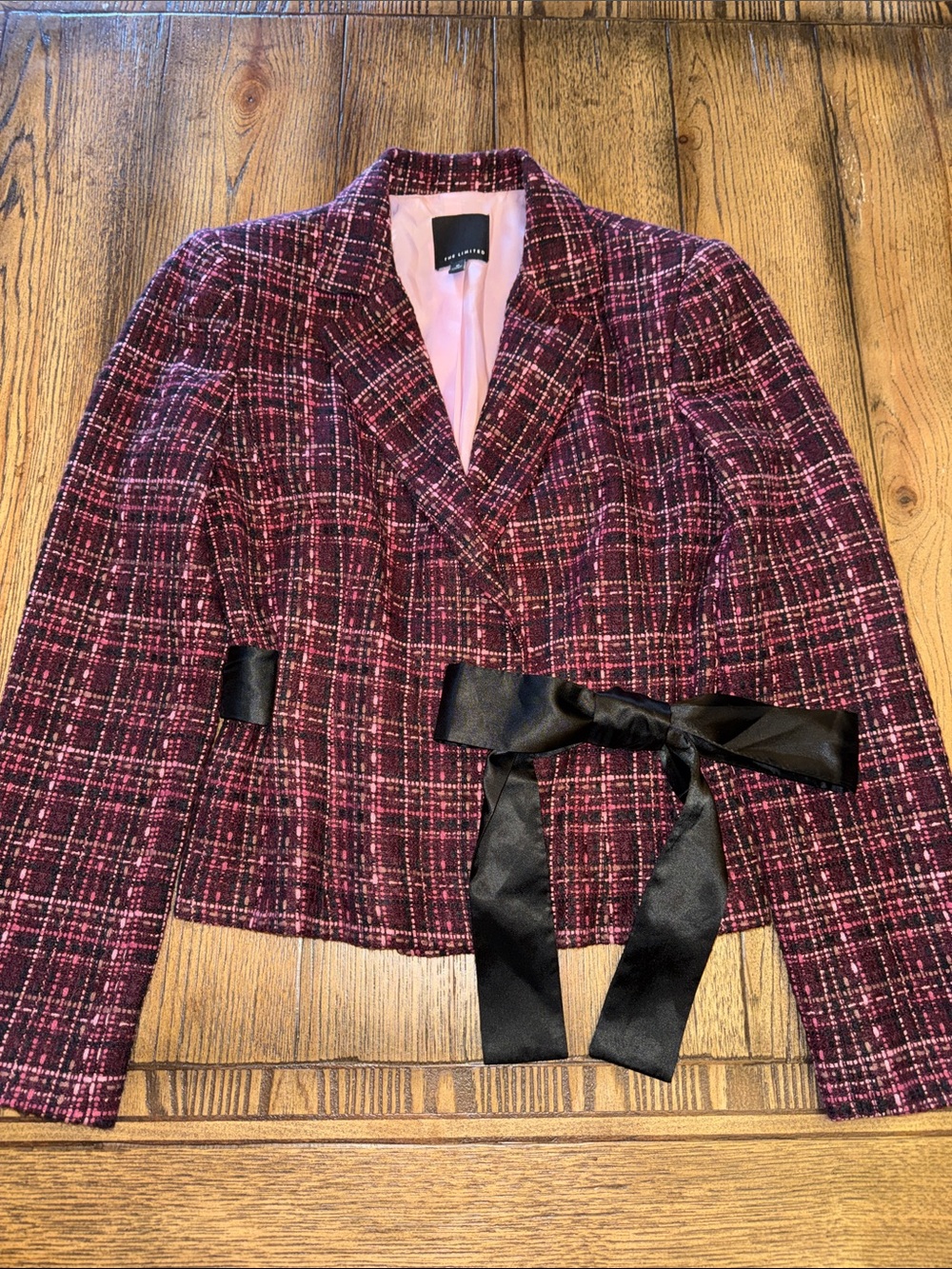 The Limited Pink and Burgundy Tweed Blazer with Black Ribbon